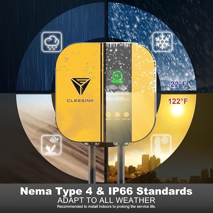 CLEESINK Level 2 EV Charger, 40A 240V Indoor/Outdoor Electric Vehicle Charging Station, NEMA 14-50, 23ft Cable UL Listed Home Electric Car Universal Wall Charger EVSE, Settable Amps & Time, Yellow