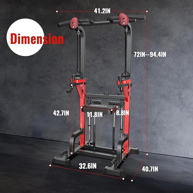 Power Tower Dip Station Pull Up Bar for Fitness Home Gym Workout,Multi-Function Adjustable Height Fitness Strength Training Exercise Equipment,with Power Elastic Ropes (Red Black)