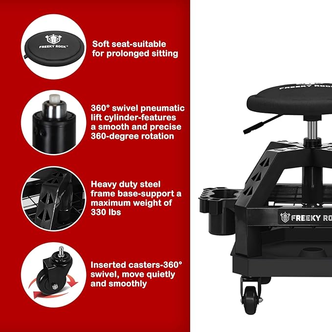 Rolling Shop Stool with Wheels, Heavy Duty Garage Work Mechanic Stool, Adjustable Height 22.44"-28.94", 360°Swivel Rolling Chair with Tool Tray Storage, 330 LBS Capacity, Black