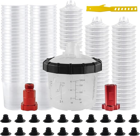 RRJ Disposable Paint Cup Automotive Spray Gun Paint System, for LVLP/HVLP Spray Gun Kit 6.7 Ounce(200ML) Mixing Cups with 50 Liners and Lids, 1 Hard Cup with Retainer Ring, 2 Adapter, Stirrer