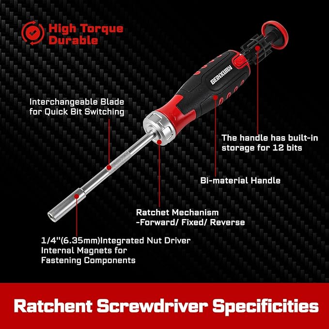 Ratcheting Screwdriver with Bit Storage Multi-bit Magnetic 1/4” Hex Shaft Screwdriver Handle for Phillips Flat Square Hex Screw Driver Repair Tool