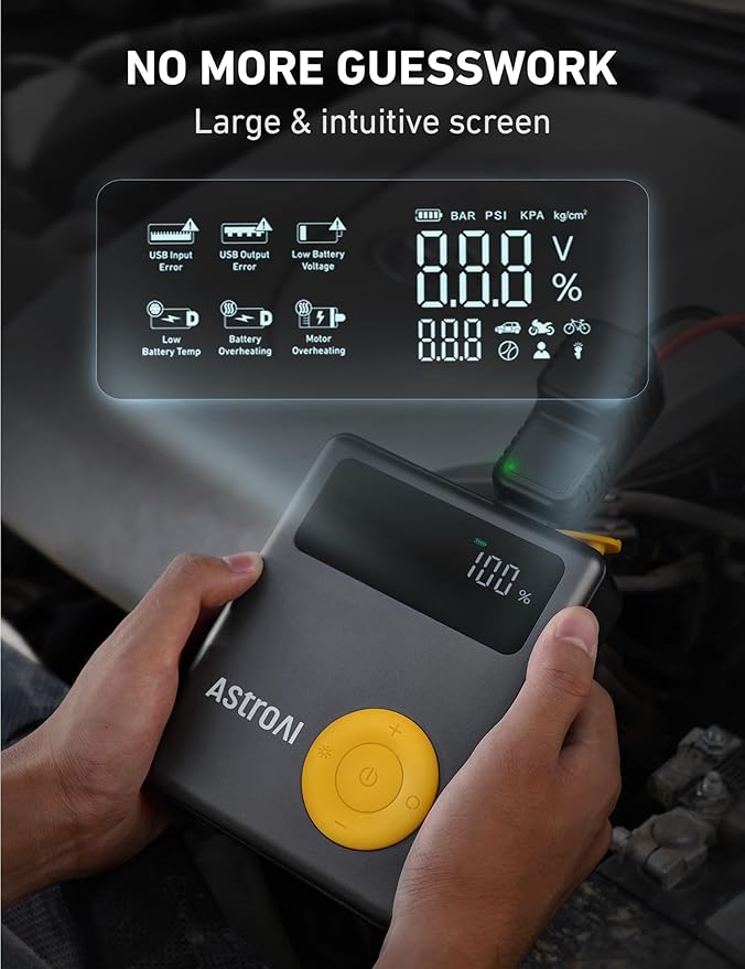 AstroAI Portable Car Jump Starter with Air Compressor, 150PSI 1750A Car Jumper Starter Battery Pack with Cordless Tire Inflator (7.5 Gas/5.0L Diesel), 12V Jump Box, Large LCD Display, Lights