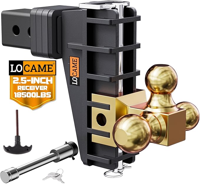 LOCAME Adjustable Trailer Hitch, Tri-Ball(1-7/8'', 2'', 2-5/16''), Fits 2.5 Inch Receiver, 6 Inch Drop Hitch, 18,500 LBS GTW, Heavy Duty Trailer Hitch for Truck, Gold, LC0082
