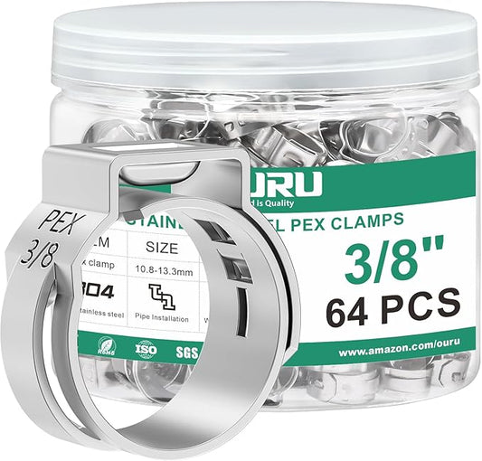 64PCS 3/8 Pex Crimp Ring,304 Stainless Steel Pex Cinch Clamps,Single Ear Hose Clamps for Pex Fittings Pipe Tubing