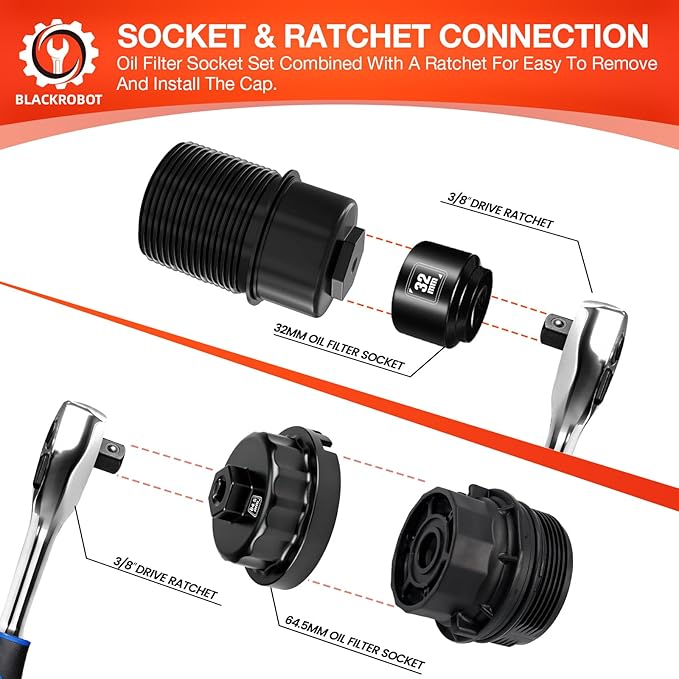 BLACKROBOT 10-Piece 3/8” Drive Oil Filter Socket Wrench Set, Metric Low Profile Oil Filter Sockets with 72-Tooth Ratchet, Oil Filter Cap Remover and Installer Tool Set