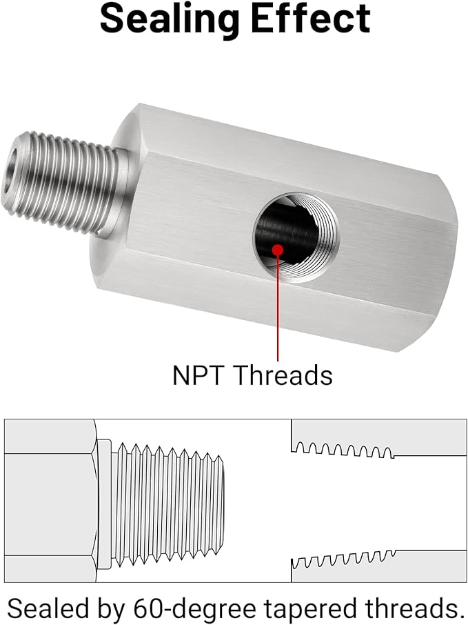 EVIL ENERGY 1/8 NPT Oil Pressure Sensor Tee Adapter, Stainless Steel 1/8 NPT Female to Male Threaded Oil Pressure Adapter with 1/8 NPT Female Port, Sliver