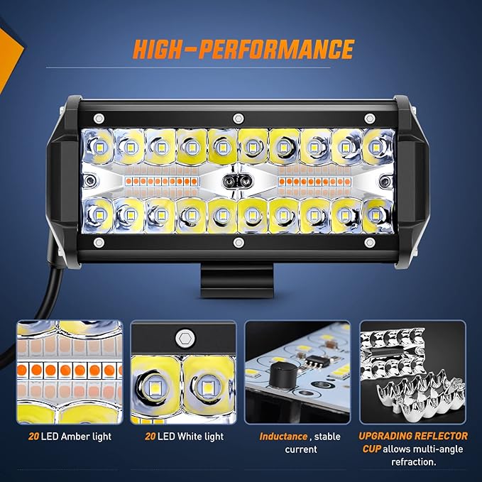 Nilight 2PCS 6.5 Inch 120W LED Light Bar Amber White Strobe 6 Modes Memory Function Off-Road Truck Car ATV SUV Cabin Boat with 16AWG Wiring Harness Kit-2 Lead