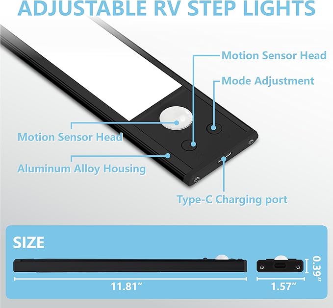 2 Pack Motion Activated RV Step Lights, USB Rechargeable 72 LED Rv Light Camping Camper Lights Adjustable 3 Colours for Motorhome Travel,Travel Trailers, Camper (Black)