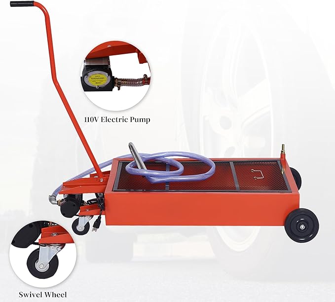 17 Gallon Oil Drain Pan with Electric Pump, Low Profile Oil Pans for Truck, Car Changing Oil, Foldable Handle/7 Ft Evacuation Hose/Swivel Casters Wheels
