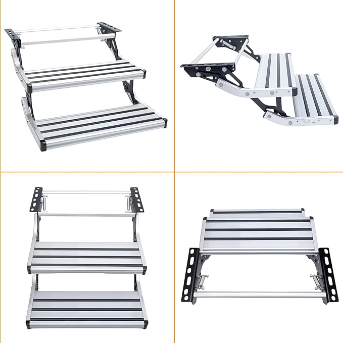 RV Steps, 2-Step, Manual Retractable RV Steps, 400 LBS Load Capacity, Foldable Aluminum Alloy Camper Steps, Thickened Steel Plate Trailer Steps, Non-Slip Design, Ideal for RV, Trailer, Camper