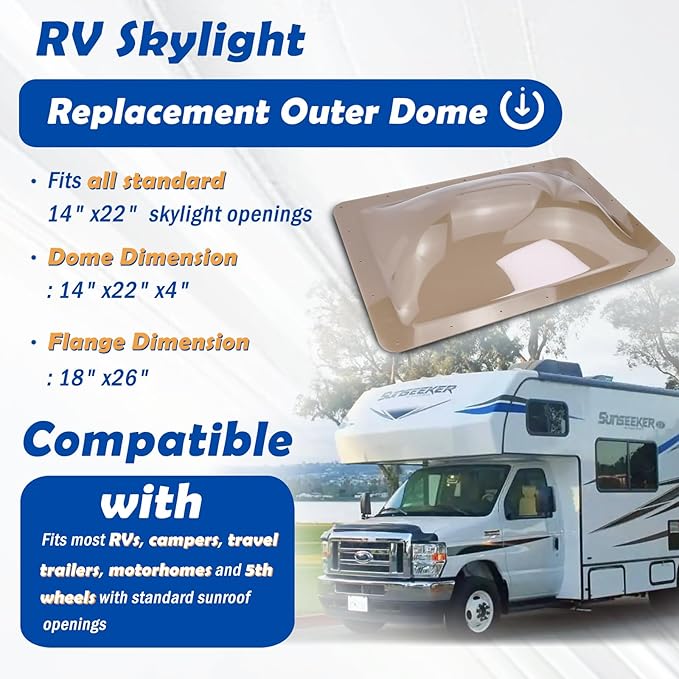 RV Skylight Outer Dome,18"x 26" OD Universal Skylight Fits All Standard 14" x 22" Skylight Openings, RV Shower Skylight for Camper Trailer Fifth Wheel Motorhome Truck (Smoke Gray)