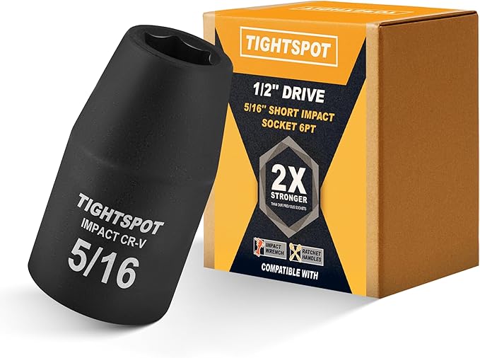 TIGHTSPOT 1/2 Inch Drive 5/16 Inch Shallow Impact Socket with Anti-Rounding 6 Point Design, Heat-Treated CRV Steel