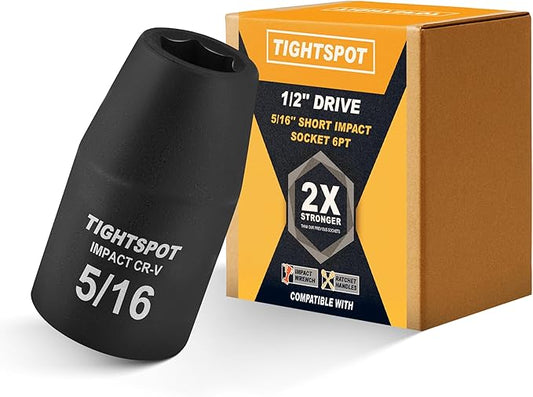 TIGHTSPOT 1/2 Inch Drive 5/16 Inch Shallow Impact Socket with Anti-Rounding 6 Point Design, Heat-Treated CRV Steel