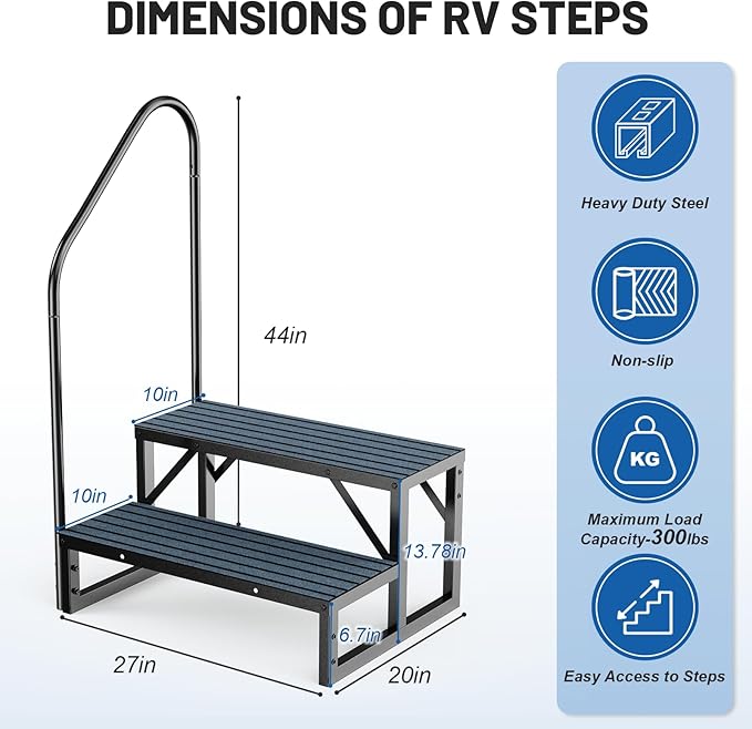 RV Steps Spa Steps with Handrail - 2 Step Hot Tub Steps Trailer Steps Mobile Home Stairs for 5th Wheel RV, Trailer, Hot Tub, Pool, Porch with Non-Slip Mats