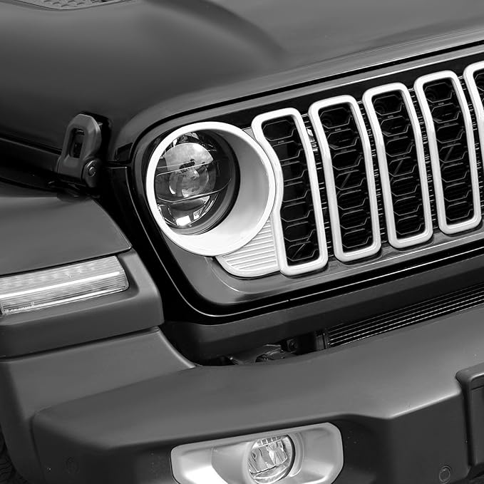 Front Grille Grill Insert+Headlight Turn Light Cover Trim Compatible with 2024-2025+ Jeep Wrangler JL JLU & Gladiator JT Exterior Accessories,Not Fit for JL Sport & Sports(White)