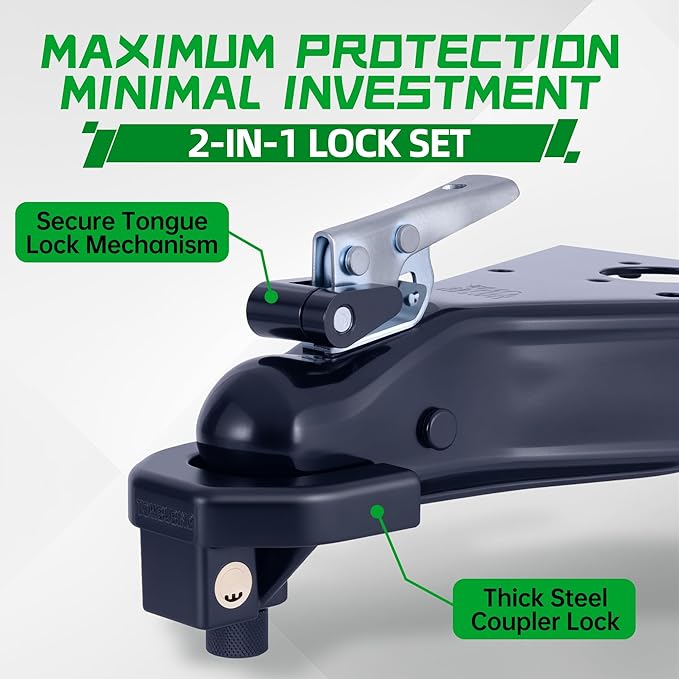 Trailer Hitch Lock Kit (for 2" Trailers) Heavy Duty Anti Theft Trailer Coupler Locks for RV, Camper, Trailer, Boat, Caravan - Reinforced Solid Steel Tow Lock for Trailer Tongue (2in)