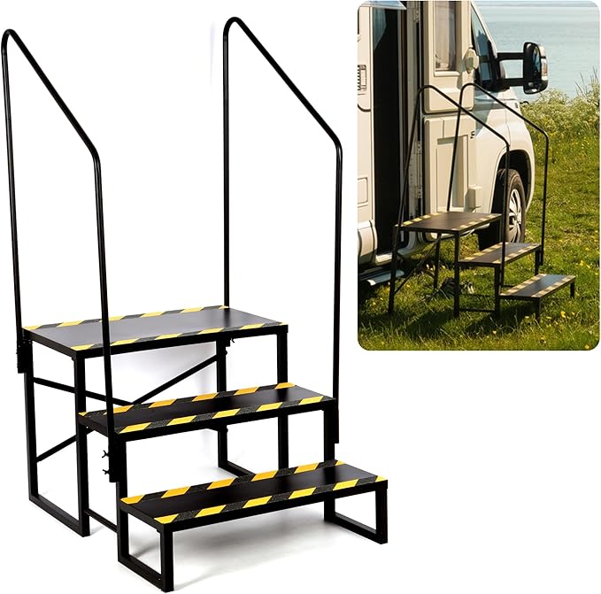 RV Steps, 3 Step Camper Steps Outdoor Hot Tub Mobile Home Stairs Anti-Slip with 2 Handrail for Travel Trailer Motor Home Boat Camper and Porch for Dogs Elder Child