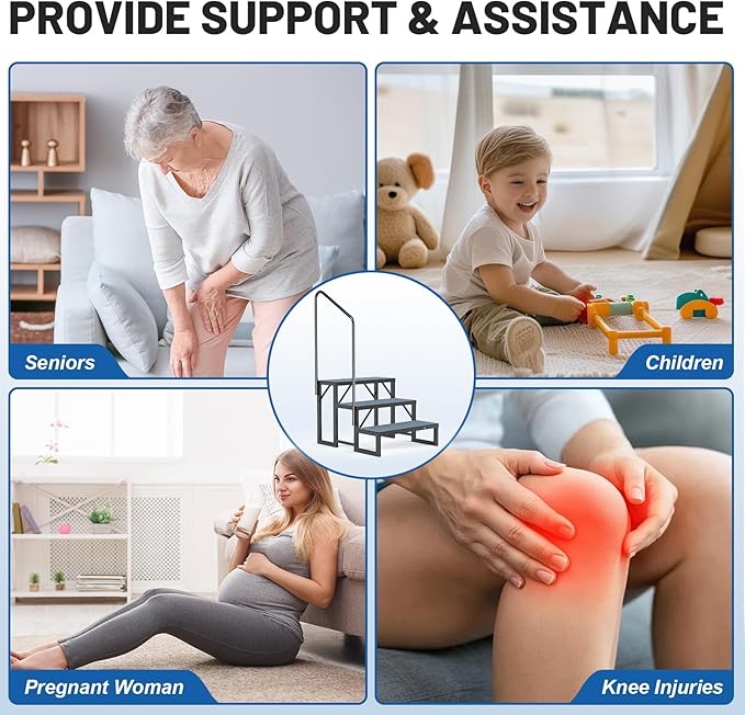 RV Steps Spa Steps with Handrail - 3 Step Hot Tub Steps Trailer Steps Mobile Home Stairs for 5th Wheel RV, Trailer, Hot Tub, Pool, Porch with Non-Slip Mats