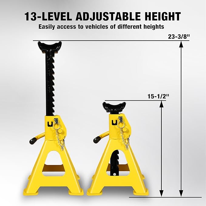 YELLOW JACKET Jack Stands 6 Ton with Double Locking and Large Foot Base for Lifting SUVS, Heavy Duty Steel, 13000 lb Capacity, 1 Pair, Yellow