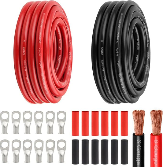 6 Awg Battery Power Cable -20FT Red + 20FT Black 6 Gauge Flexible Welding Cable OFC Copper Wire with Lugs Terminal Connectors and Heat Shrink Tube for Automotive, Battery, Inverter,Boat and Generator