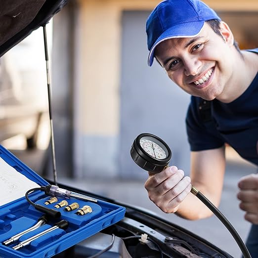 9 Pieces Automotive Compression Tester Kit and Spark Plug Tester, Universal Car and Motorcycle Engine Testing Tools for Cylinder Pressure Gauge (Blue)