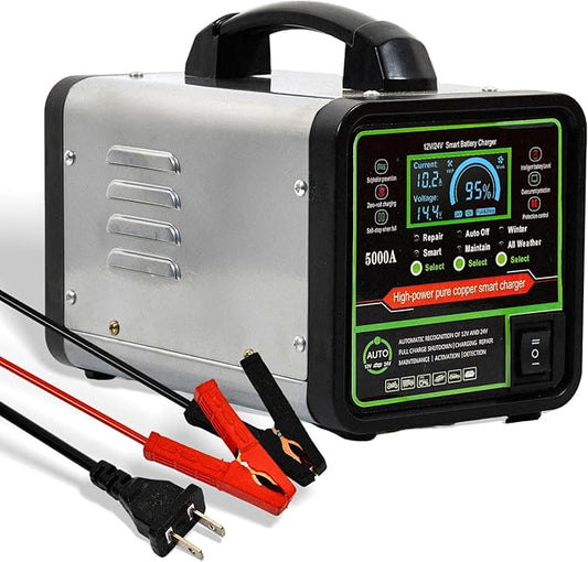 24V 12V Car Battery Charger Heavy Duty Trickle Charger for Car Battery 0-15A Smart Automotive Lead-Acid Battery Maintainer with Auto Off/Repair/Winter Modes LCD Display for Car Truck Boat Motorcycle