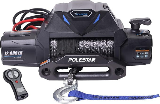 POLESTAR 12V DC 12,000 lb Electric Winch with Waterproof Synthetic Rope 3/8" Diameter x 82' Length, Wireless Remote Control