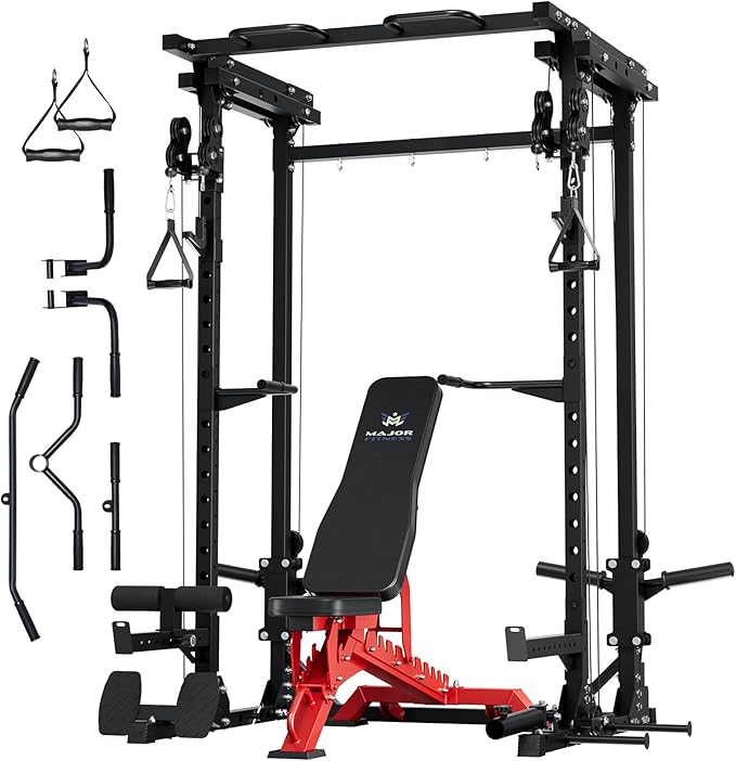 MAJOR FITNESS Drone3 Power Cage - Multi-Function Power Rack for Home Gym, Squat Rack with Pull-up Bar, Cable Crossover System, J-Hooks, for Strength Training, Heavy-Duty Steel Construction