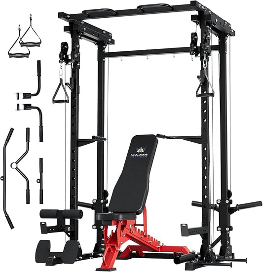 MAJOR FITNESS Drone3 Power Cage - Multi-Function Power Rack for Home Gym, Squat Rack with Pull-up Bar, Cable Crossover System, J-Hooks, for Strength Training, Heavy-Duty Steel Construction