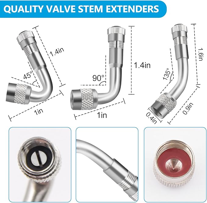 Valve Stem Extension, 2PCS 12 Inches Dually Valve Stem Extenders 6 PCS 45 90 135 Degree Brass Valve Stem Extension Adaptor for Car Truck Motorhome Trailer RV