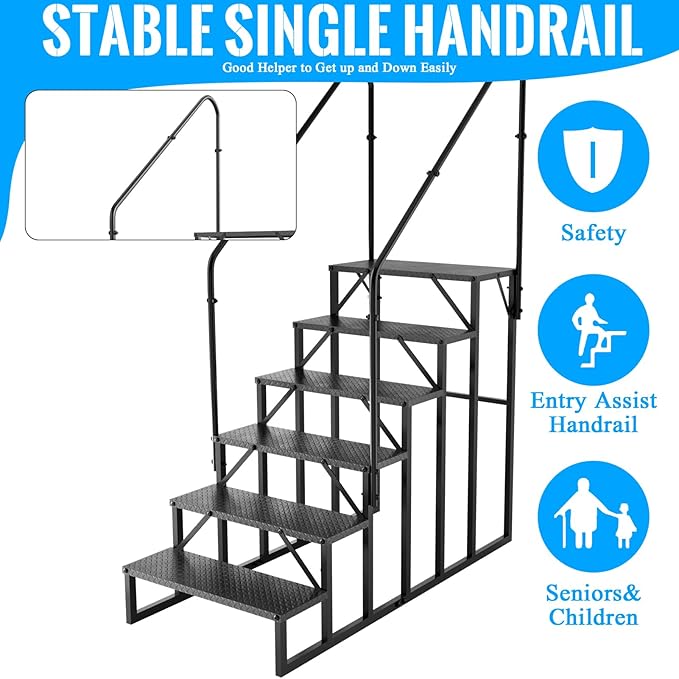 RV Stairs 6 Step Ladder, RV Steps Anti-Slip, Hot Tub Steps with Handrail, 660 lbs RV Ladder for 5th Wheel RV, Mobile Home Stairs(2handrails)