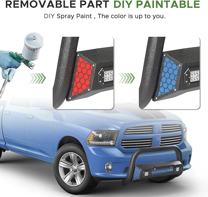 Bull Bar Fit for Dodge Ram 1500 2009-2018 & Ram 1500 Classic 2019-2025((Exl Rebel Warlock Sport) with LED Light,w/License Plate Bracket DIY Paintable Front Bumper Brush Push Bar Grille Guard