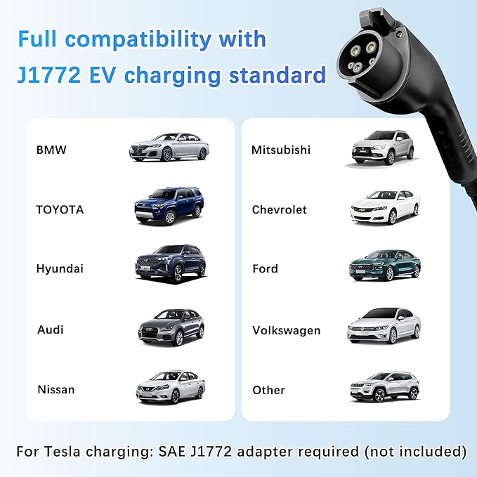 Portable Level 1&2 EV Charger, 40 A, 110V-240V, NEMA14-50 Plugand NEMA 5-15 Adapter, 25ft Cable, Adjustable Current, Delay Timer, Compatible with All J1772 Electric Cars(Tesla Need Adapter)