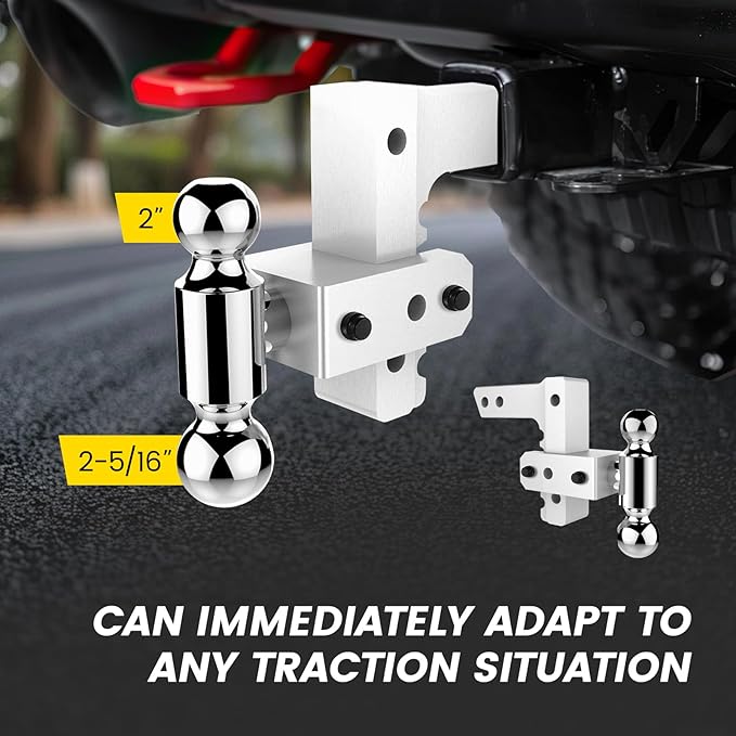 Adjustable Trailer Hitch for 2” Receiver, 12500 LBS GTW Aluminum - 6” Drop/Rise with 2-inch and 2-5/16 inch Dual Ball, Silver w/Anti-Theft Lock & Tow Hitch Tightener