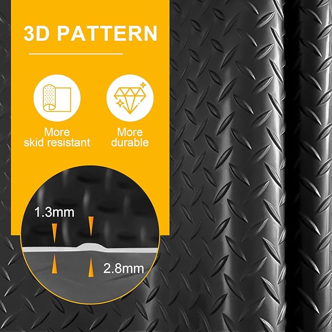 7.5x25 FT Garage Floor Mat, 2.8mm Thickened Flooring Roll for Under Car with 20Pcs Tapes, 188SQFT Diamond Plate, Non-Slip Floor Protector Mat for Garage, Warehouse, Gyms, Trailer(Black)