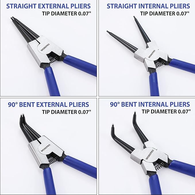 WORKPRO 4-Piece Snap Ring Pliers Set, 7-Inch Internal and External Circlip Pliers Kit with Straight and Bent Jaw, For Ring Remover Retaining, Storage Pouch Included, Father's Day Gifts
