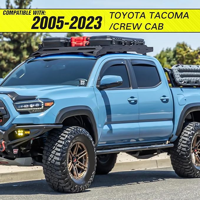 Roof Rack Cargo Basket fits 2005-2023 Toyota Tacoma Crew Cab Cargo Racks, Overland Rooftop Luggage Storage Holder, 150 LBS Platform Style Cargo Carrier for Outdoors Gear