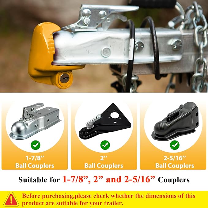 Trailer Hitch Locks with Keys, Universal Size Fit 1-7/8", 2",2-5/16" or 48mm, 51mm,and 59mm Couplers, Zinc Alloy, for Vehicles, Trailers,RVs(Yellow)
