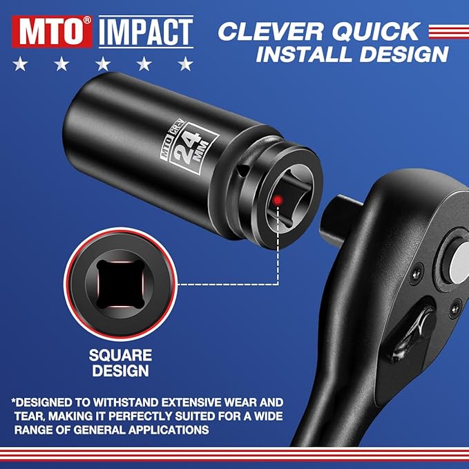 MTO 1/2" Drive 24mm Deep Impact Socket, 6-Point Metric Socket for Automotive Maintaince, CR-V Steel Meets ANSI Standards