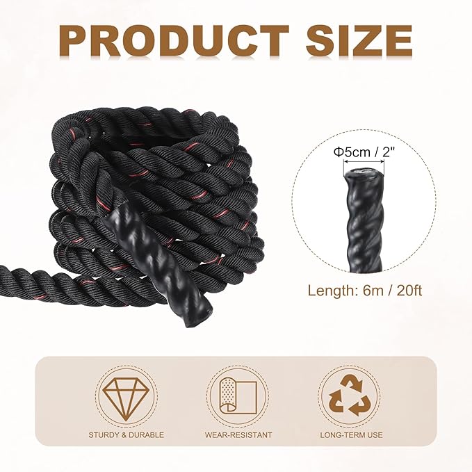 MECCANIXITY Battle Rope 20ft x 2 Inch Polyester Workout Rope Heavy Fitness Exercise Rope for Strength Training Home Gym Muscle Building, Black Red