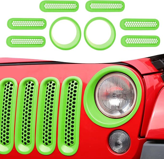 Mesh Grille Grill Insert+Headlight Turn Light Cover Trim Fit for 2007-2018 Jeep Wrangler JK JKU(Green)