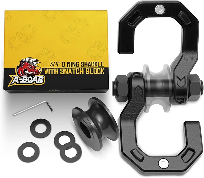 Separate D-Ring Shackle with Pulley Block, Towing Winch Snatch Block & 3/4" Easy Open D-Ring Shackle 2in1 Set, 57320lbs(26T) Breaking Strength, for Recovery, BlackBlack