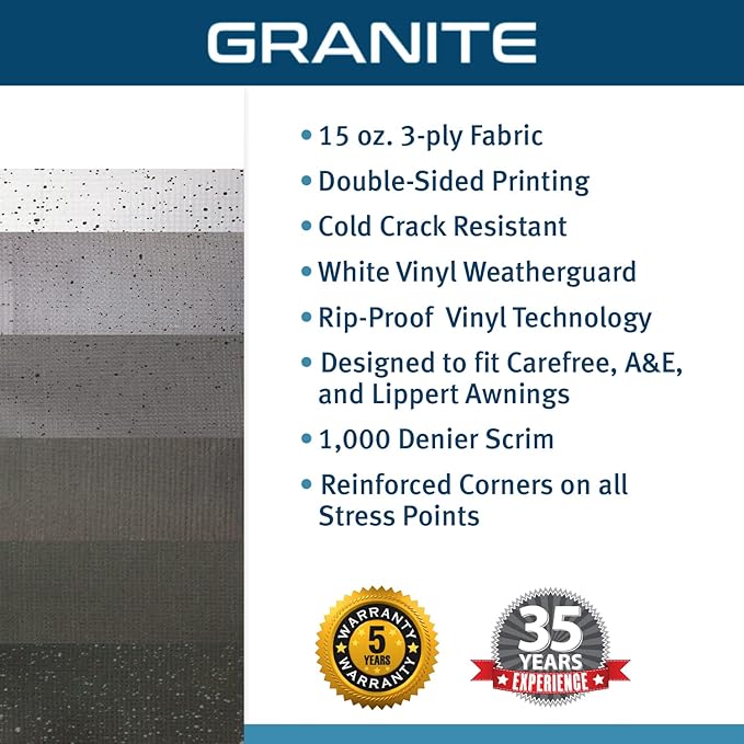 ShadePro - RV Awning Fabric Replacement - Heavy Duty Weatherproof Vinyl - Universal Outdoor Canopy for Camper, Trailer, and Motorhome Awnings - Granite - 12' (Fabric 11' 2")