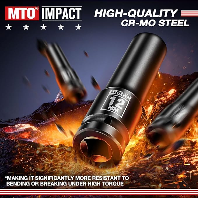 MTO 1/2" Drive 12mm Deep Impact Socket, 6 Pt. Metric Socket, CR-MO Steel & Anti-Corrosion Coating for Heavy-Duty Use