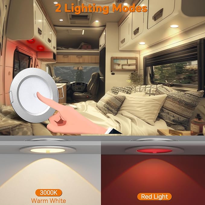 3" LED 12V Push Lights w/Built-in Switch Interior Bi-Color 12 Volt Red LED Puck Light Full Aluminum RV Dimmable Flush Mount Light for Camper, Boat, Trailer 4Pcs (Silver, Warm White)
