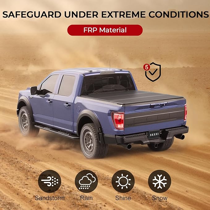 FRP Tonneau Cover Truck Bed for Ford F150 5.5 FT Bed (67.1") 2015-2025, Hard Tri Fold Heavy-Duty Locking Drill-Free Install Dustproof Waterproof Fiberglass Anti-Theft Security 5.5FT