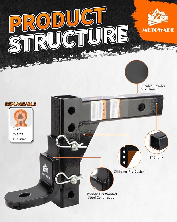 METOWARE Adjustable Trailer Hitch Ball Mount, 9-1/2" Drop and 8-1/4" Rise, Fits 2-Inch Receiver, with 1" Hitch Ball Hole, 6-Position Heavy Duty Tow Hitch with Pins