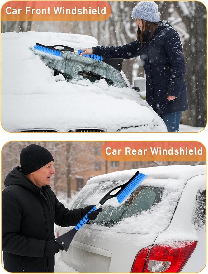 EcoNour 27" Aluminum Snow Brush with Ice Scrapers for Car Windshield and Window | Car Snow Scraper and Brush with Ergonomic Foam Grip Winter Accessories (Blue)