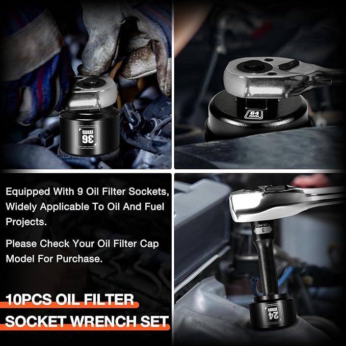 BLACKROBOT 10-Piece 3/8” Drive Oil Filter Socket Wrench Set, Metric Low Profile Oil Filter Sockets with 72-Tooth Ratchet, Oil Filter Cap Remover and Installer Tool Set