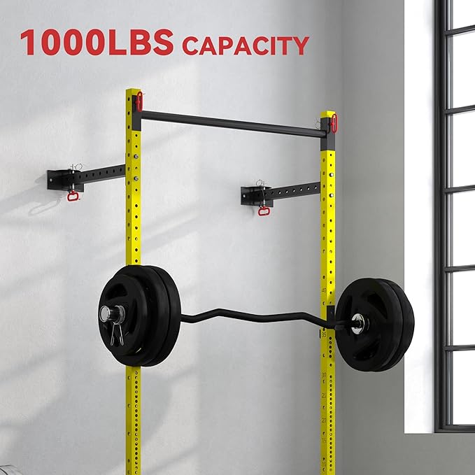Soozier Folding Squat Rack with Adjustable Pull-Up Bar, 1000 Pounds Capacity Wall Mounted Power Rack, Adjustable Barbell Rack with J Hooks for Home Gym Full Body Workout